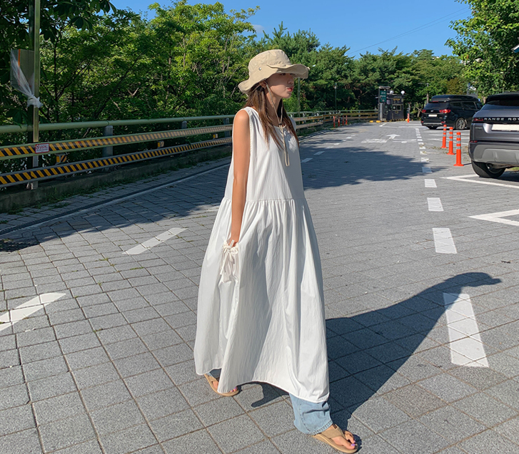 ログナイロンポケット袖なしロングワンピース