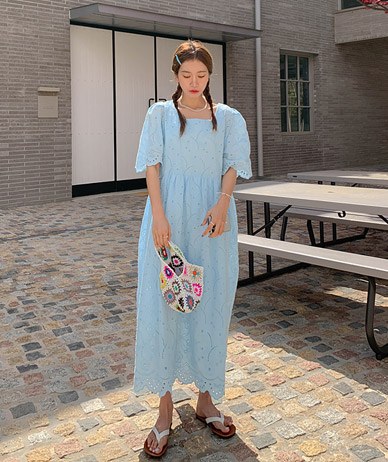 バリ刺繍パンチング半そでロングワンピース
