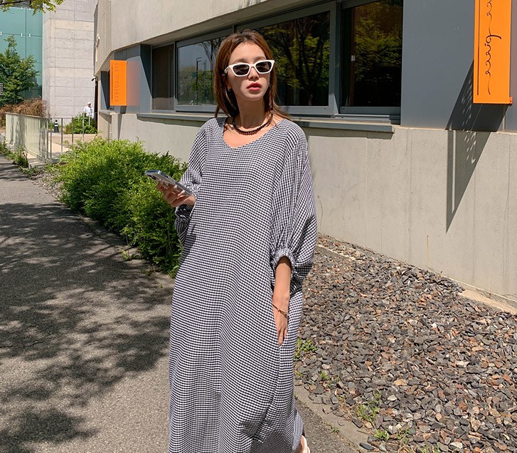 高バンチェック アオリ バクシー ロングワンピース