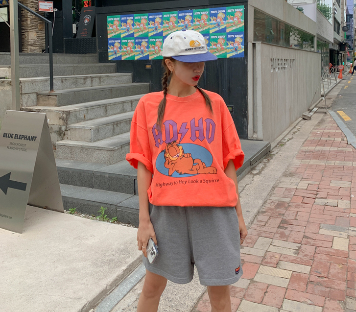 [男女共用]ガーフィールド捺染ピグメント半そでロングTシャツ
