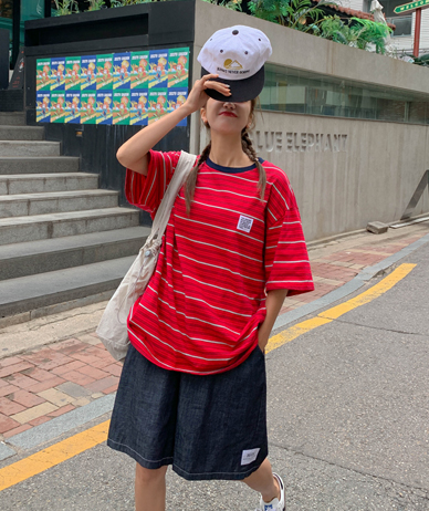 [男女共用]リノウンパッチ配色 ダンガラ半そで ロングTシャツ