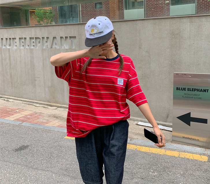 [男女共用]リノウンパッチ配色 ダンガラ半そで ロングTシャツ
