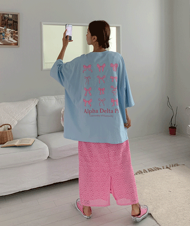 白リボンナ塩ルーズフィット 7部 ロングTシャツ