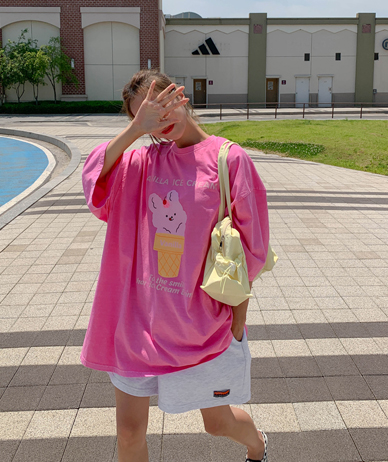 [男女共用]バニラコーンラビット捺染ピグメント半そでロングTシャツ