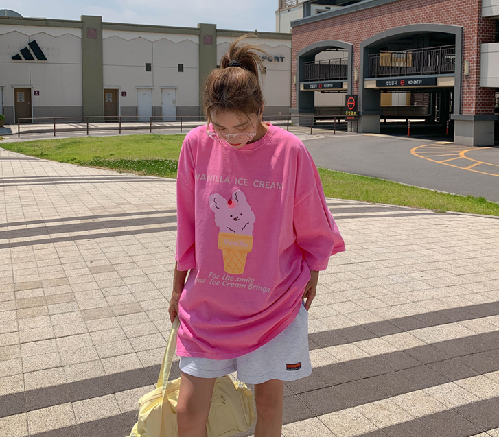 [男女共用]バニラコーンラビット捺染ピグメント半そでロングTシャツ