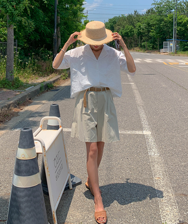 ワンモアベルトセットピンタックバンディング4部パンツ