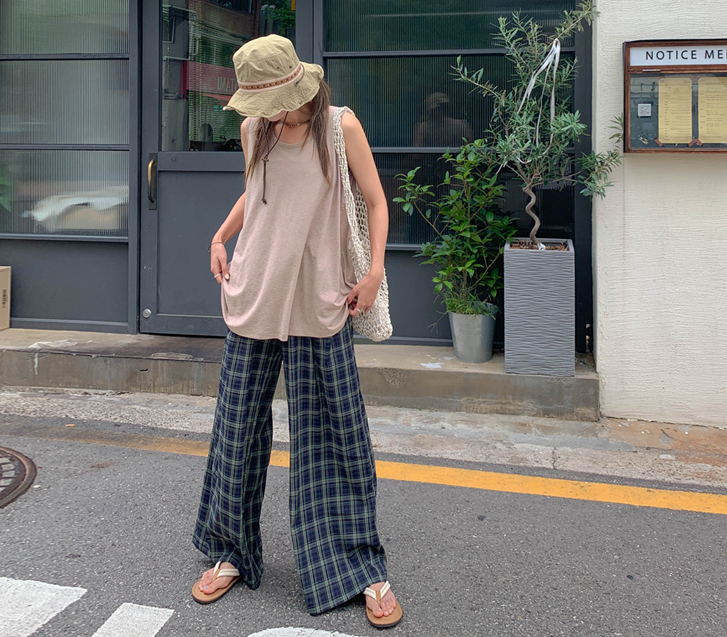 ローブシーチェックバンディングワイドパンツ
