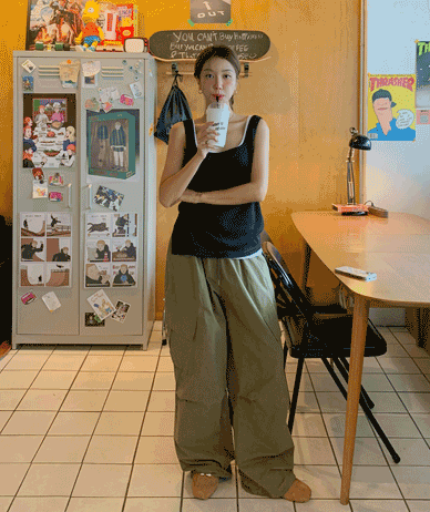 [男女共用]リードピーチカーグストリングバンディングワイドパンツ