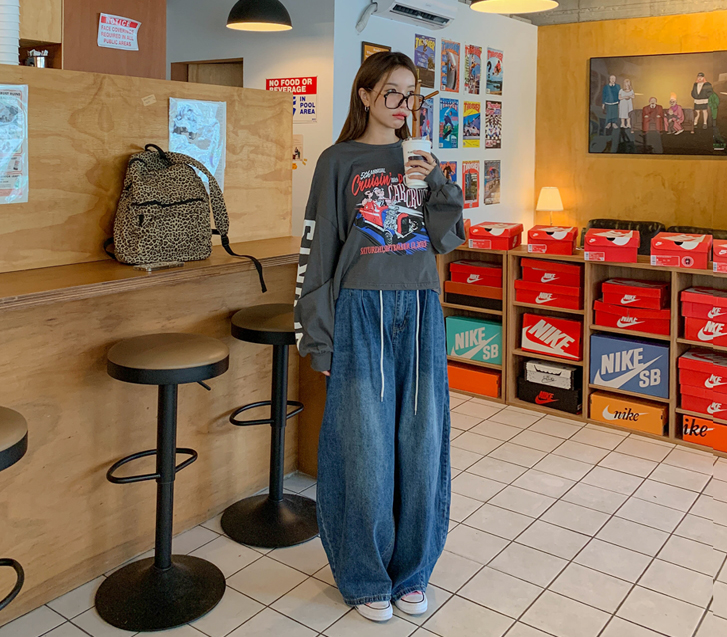 チチピンタックデニムバンディングワイドエキゾーストパンツ