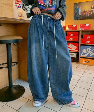 チチピンタックデニムバンディングワイドエキゾーストパンツ