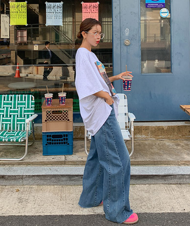 ツナ斜線切開隠しバンディングワイドデニムパンツ