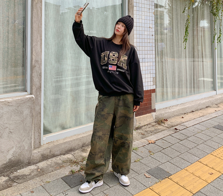 [男女共用]ローブダメージカーフェンダーカモストリングワイドパンツ