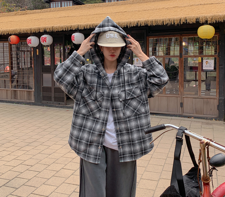 マウンテンアウターウール チェックフードシャツ シャツ