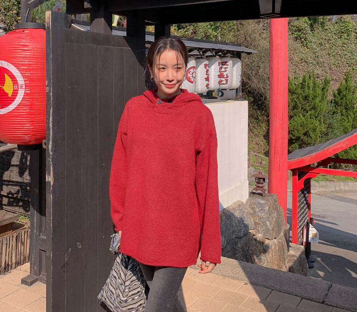 ムーディーツーボタンハイネックフードニット