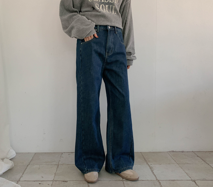 スペンウォームポケットボンディング起毛切開デニムワイドパンツ（ショット/基本/ロングver）