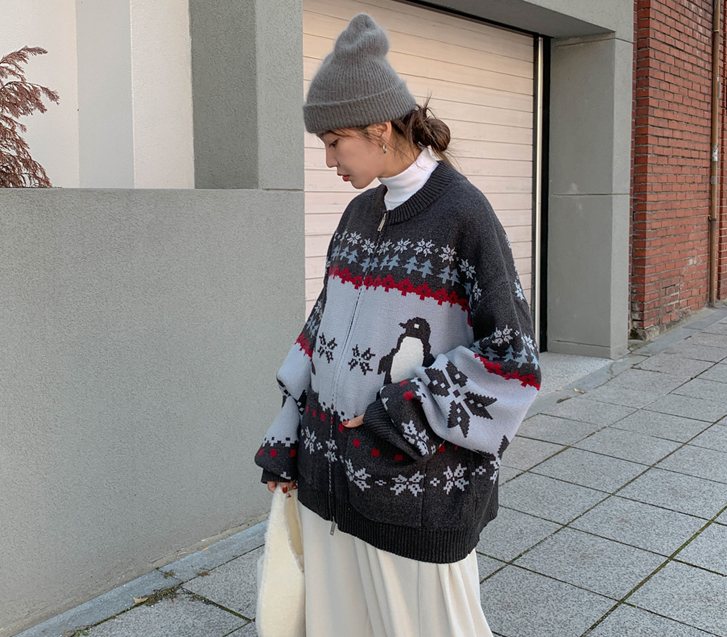 [男女共用]ペンギン 雪花 ガードツーウェイ ニット ザップアップジャンパ