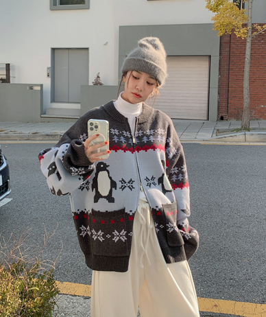 [男女共用]ペンギン 雪花 ガードツーウェイ ニット ザップアップジャンパ