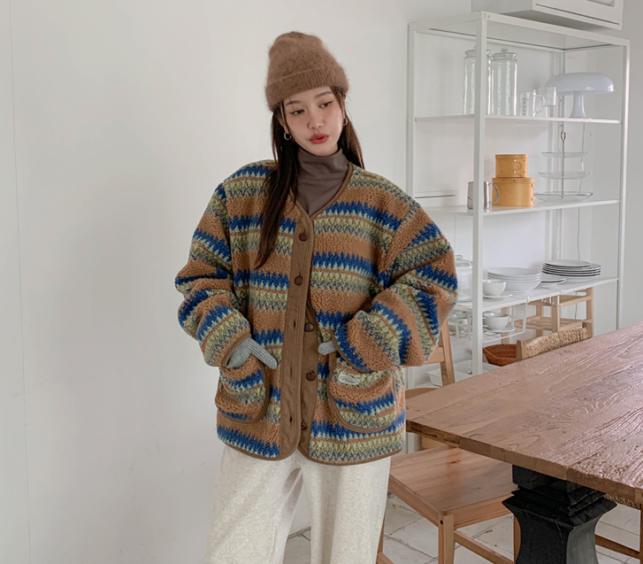 エスニックパタンダンブルコーデュロイ配色ジャンパ