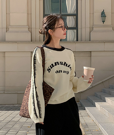 サンシャインレタリングレースラウンドネックニット