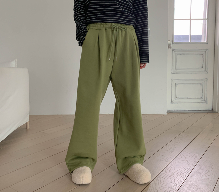 グリーンティーピンタックツーウェイストリング起毛トレーニングパンツ