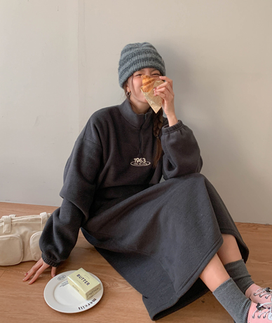 1963刺繍フリース反集業ロングワンピース