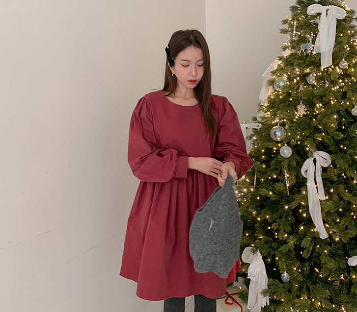 イブンピーチ起毛シャーリング長袖ミニワンピース