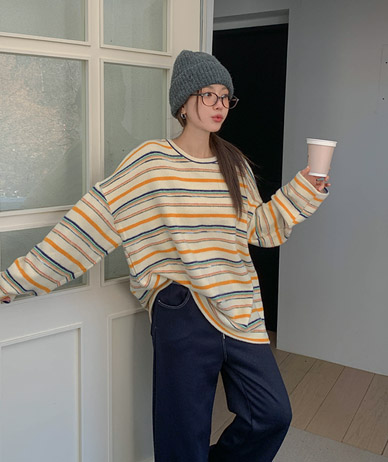 ターンヤンギモオーバーフィットダンガラロングニットTシャツ