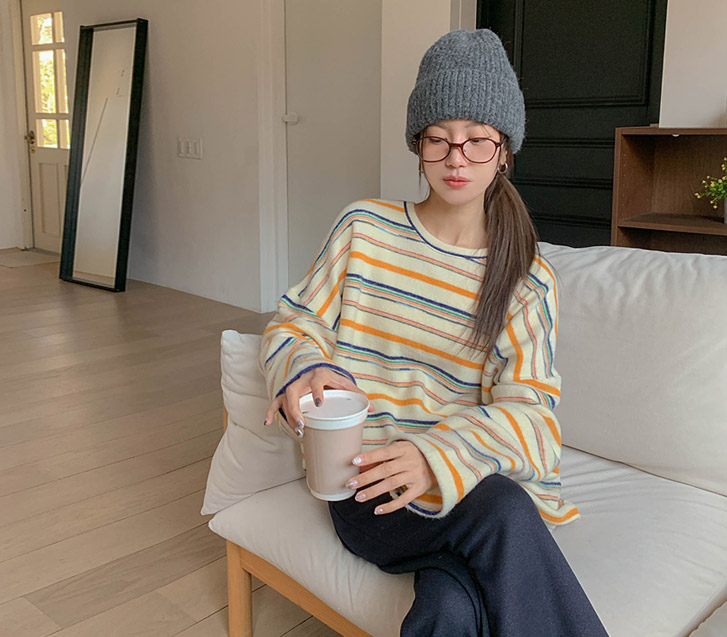 ターンヤンギモオーバーフィットダンガラロングニットTシャツ