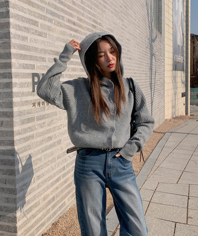 セビアンゴラハイネックフードニットカーディガン