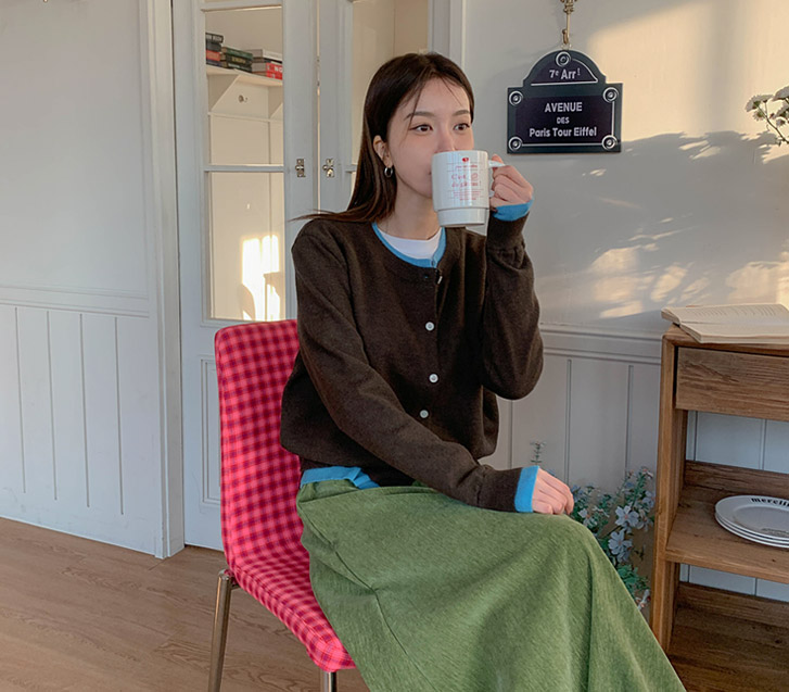 オートウールレイヤード配色カーディガン