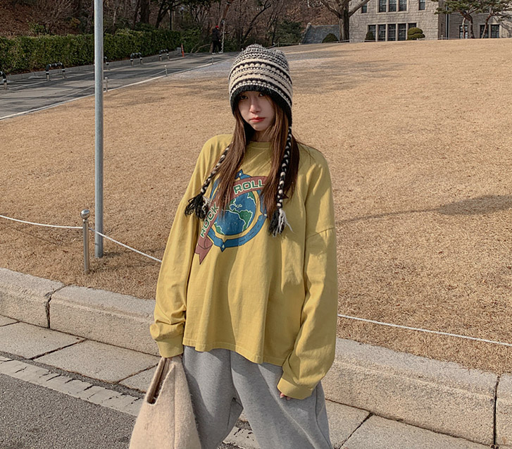 ロックアンドロールピグメントクラック炎長袖ティーシャツ