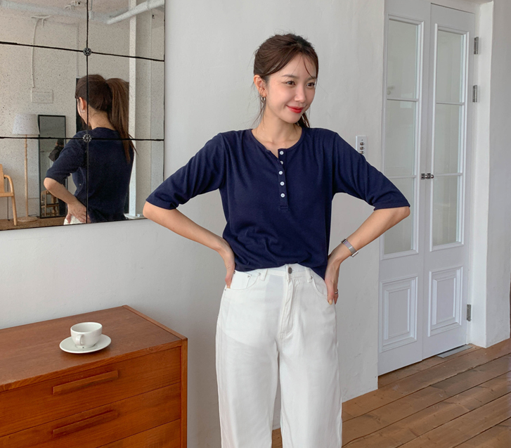 セオンヘンリーネックゴルジ5部半そでティーシャツ