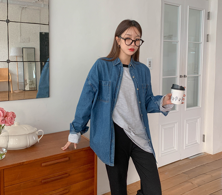 オンダーラベルポケットデニムロングシャツシャツ