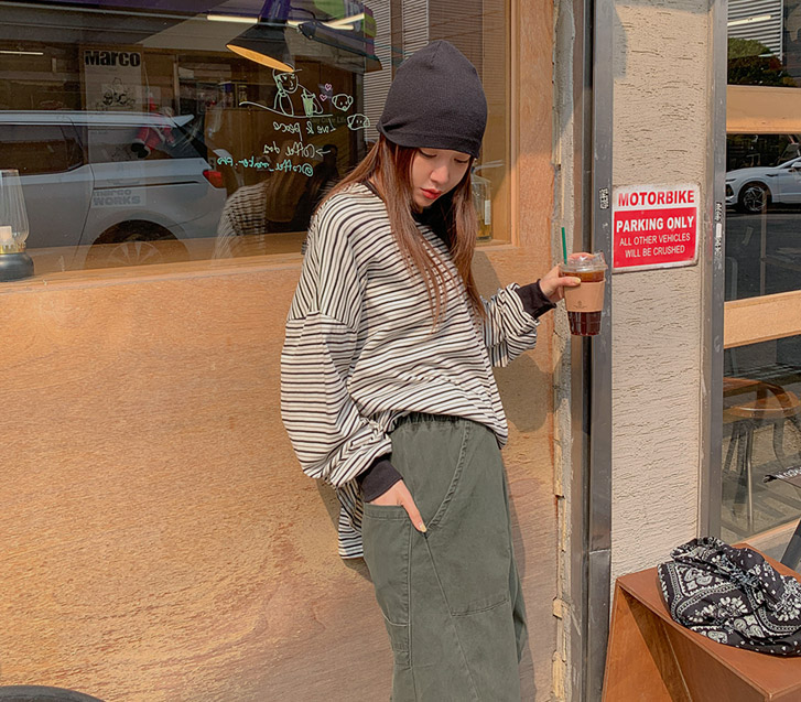 ソラ ダンガラ配色 オーバーフィット 長袖 ロングTシャツ