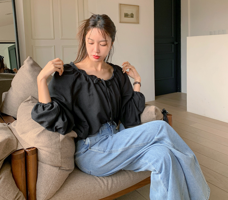 フォグボタンリボンレースブラウス