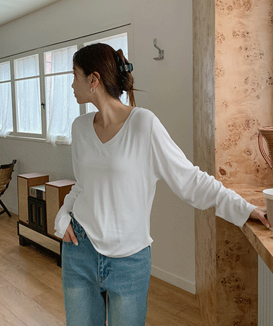 リンリング ブイネック スパン 長袖Tシャツ