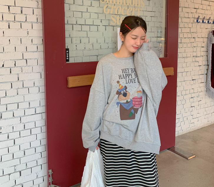 ハッピーベア捺染ロングマンツーマン