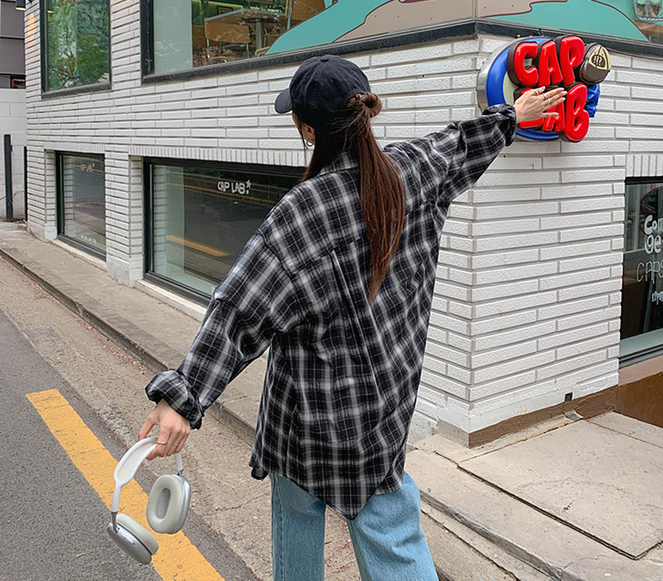 アンプシアサーカーチェック長袖ロングシャツシャツ