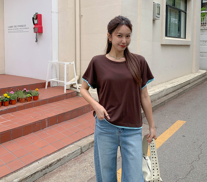 ユニットカラー配色 レイヤード半そでティー