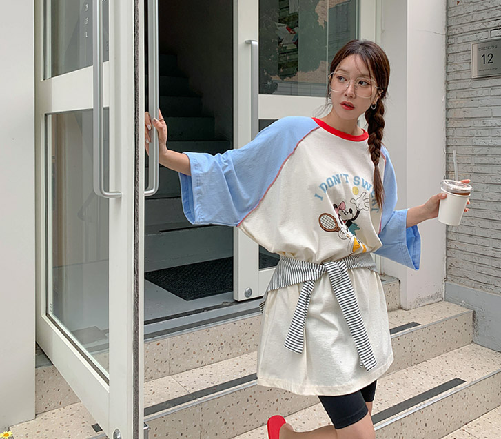 テニスミッキー配色オーバーフィットロングTシャツ