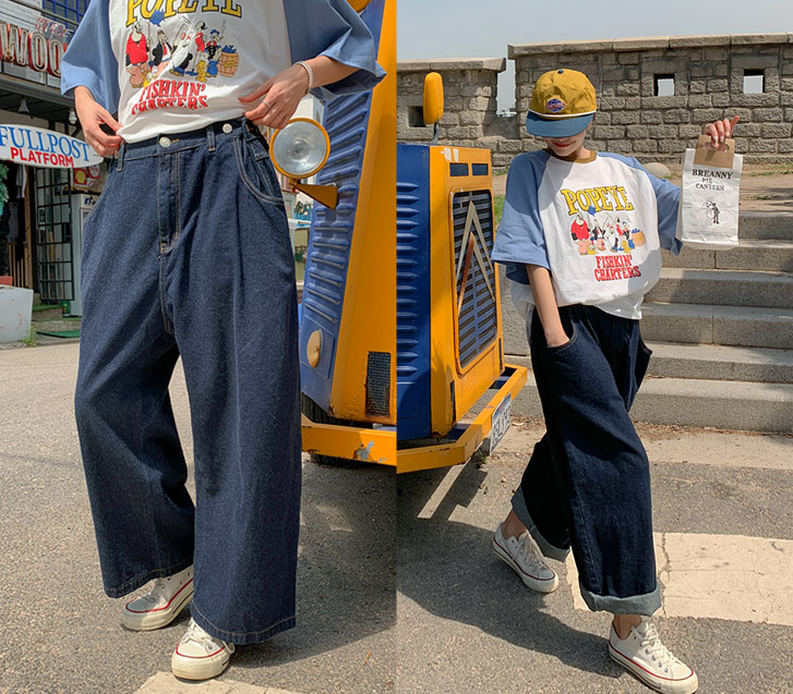 折りたたみ生地デニムワイドバルーン排気パンツ