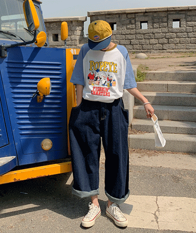 折りたたみ生地デニムワイドバルーン排気パンツ