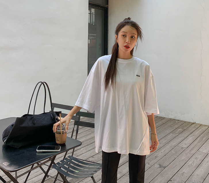 [男女共用]ロンドン刺繍パッチ半そでロングTシャツ