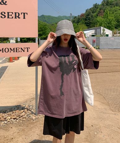 [男女共用]猫の汚れピグメント半そでロングTシャツ