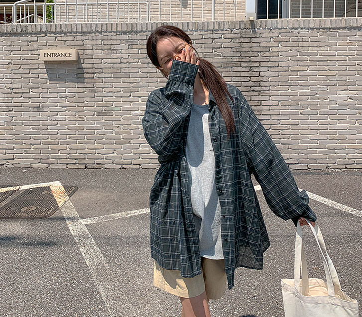 ベシティ リネン チェック オーバーフィット ロングシャツ シャツ