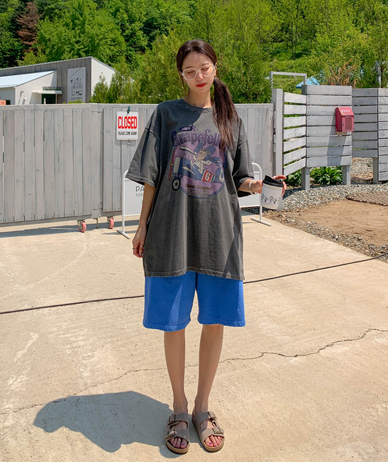[男女共用]飛行機の汚染ピグメント半そでロングTシャツ