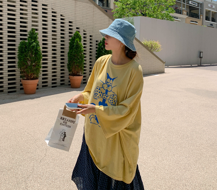 キャットドローイング ナソム 裏トイム 半そで ロングTシャツ