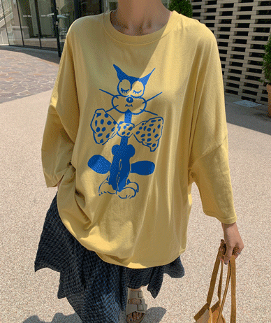 キャットドローイング ナソム 裏トイム 半そで ロングTシャツ