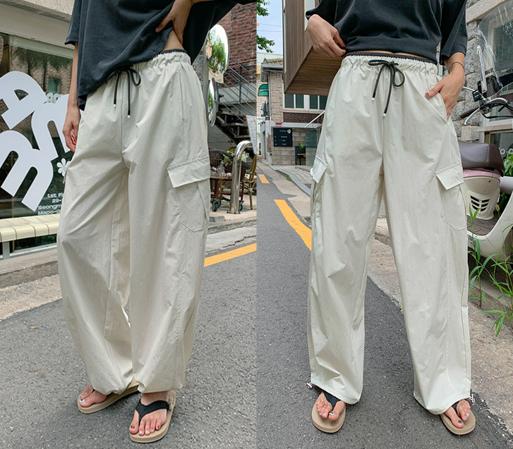 バイフン配色カーグツーウェイストリングワイドパンツ