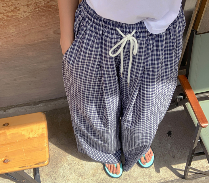 ランソンチェックバンディングワイドパンツ